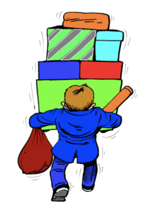 Savvy Shopper Iconography: Young boy holds many boxes
