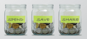 Three Jars with the text spend, save, and share
