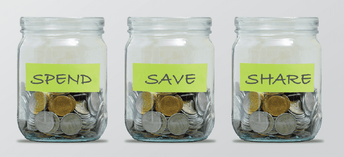 Three Jars with the text spend, save, and share