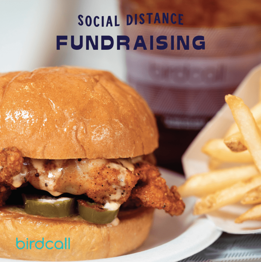Social Distanced Birdcall Fundraising Informational Square for Social Media. Dine with Birdcall and they'll donate 30% of sales back to our organization! Use denverlove promotional code.