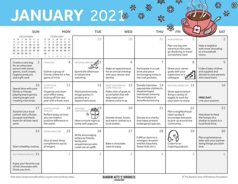 January Kindness Calendar RAOKF Schedule Young Americans Center